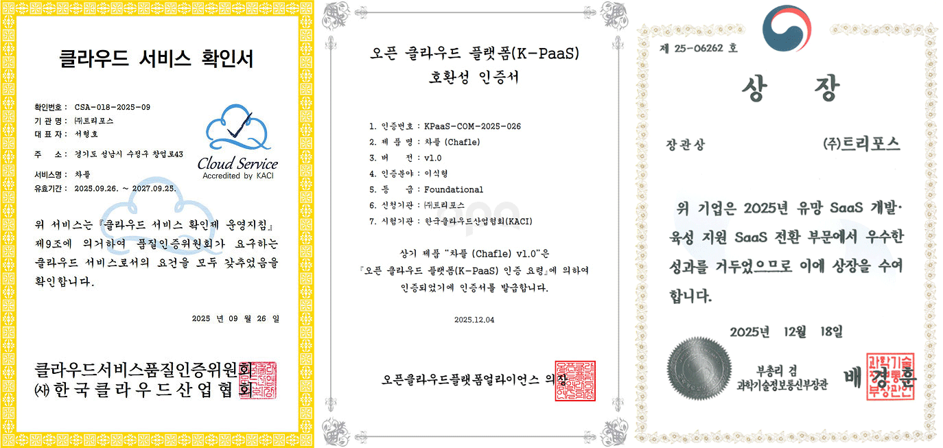 클라우드 서비스 확인서, 오픈 클라우드 플랫폼 호환성 인증서, SaaS 장관상